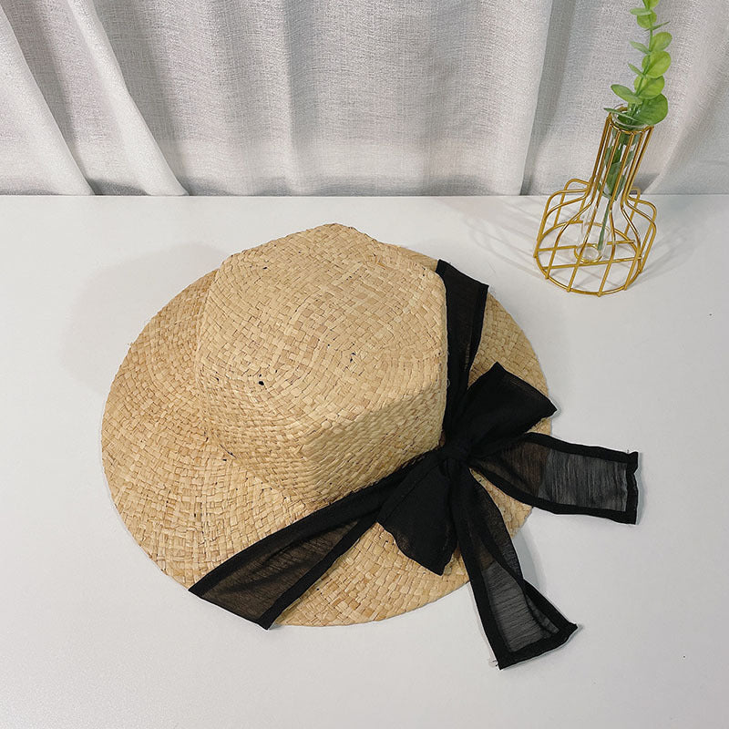 Korean Style Hexagonal Raffia Straw Hat With Bowknot Beach Hat With Big Brim