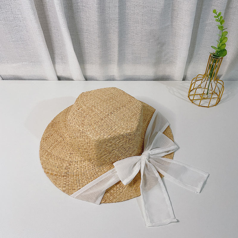 Korean Style Hexagonal Raffia Straw Hat With Bowknot Beach Hat With Big Brim