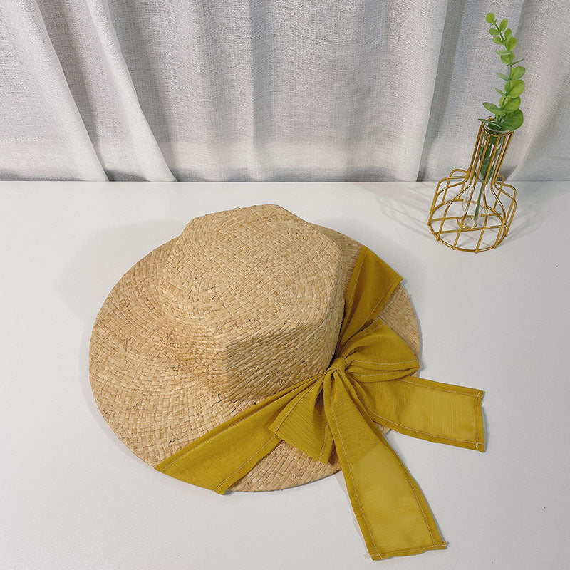 Korean Style Hexagonal Raffia Straw Hat With Bowknot Beach Hat With Big Brim