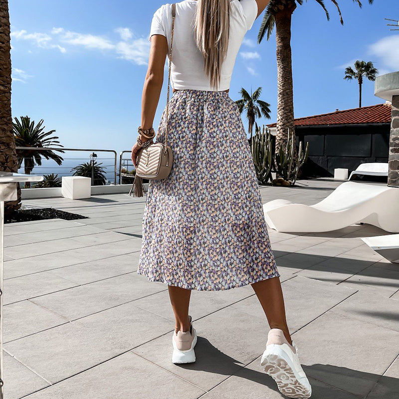 Spring Casual Women Midi Skirt A-Line Floral Printed High