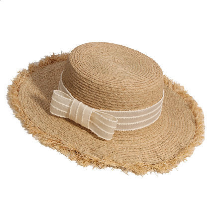 Elegant Bowknot Raffia Hat Female Summer Sunscreen Beach Hat Holiday Flat Top Hat