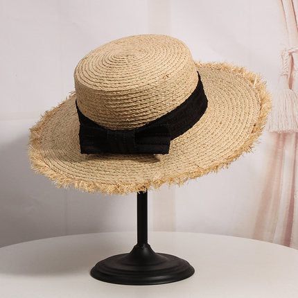 Elegant Bowknot Raffia Hat Female Summer Sunscreen Beach Hat Holiday Flat Top Hat