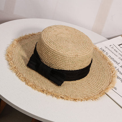 Elegant Bowknot Raffia Hat Female Summer Sunscreen Beach Hat Holiday Flat Top Hat