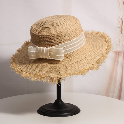 Elegant Bowknot Raffia Hat Female Summer Sunscreen Beach Hat Holiday Flat Top Hat