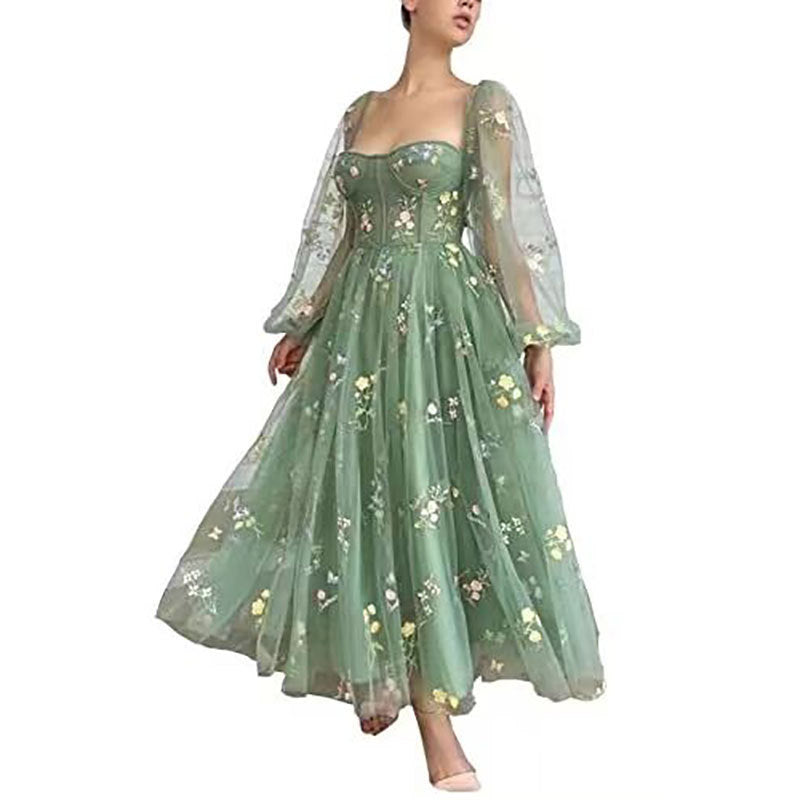 Long Sleeve Lace Green Puff Sleeve Prom Long Evening Dress