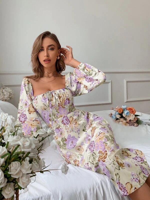 Women's Spring And Summer Square Neck Tie Floral Long Sleeve Dress