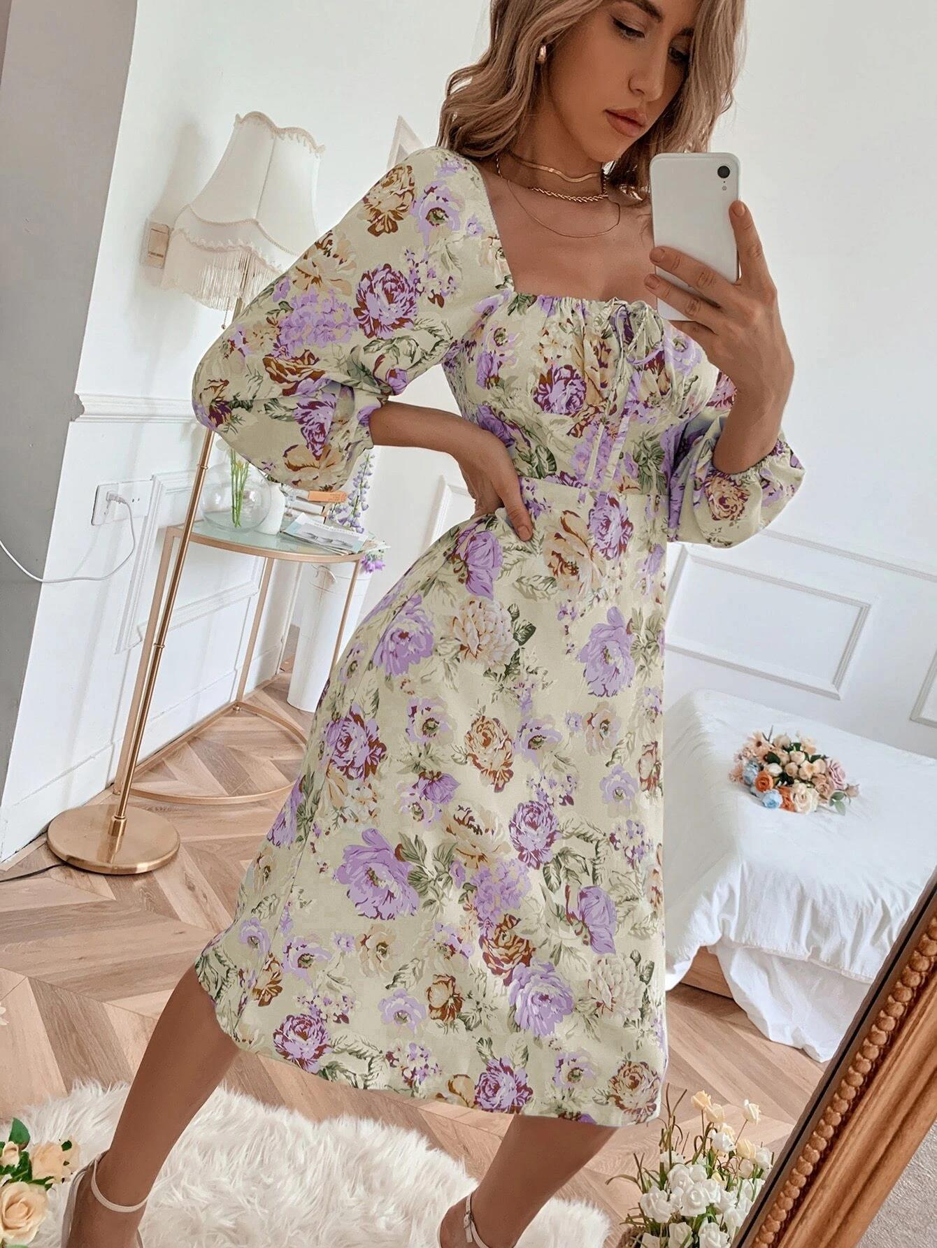 Women's Spring And Summer Square Neck Tie Floral Long Sleeve Dress