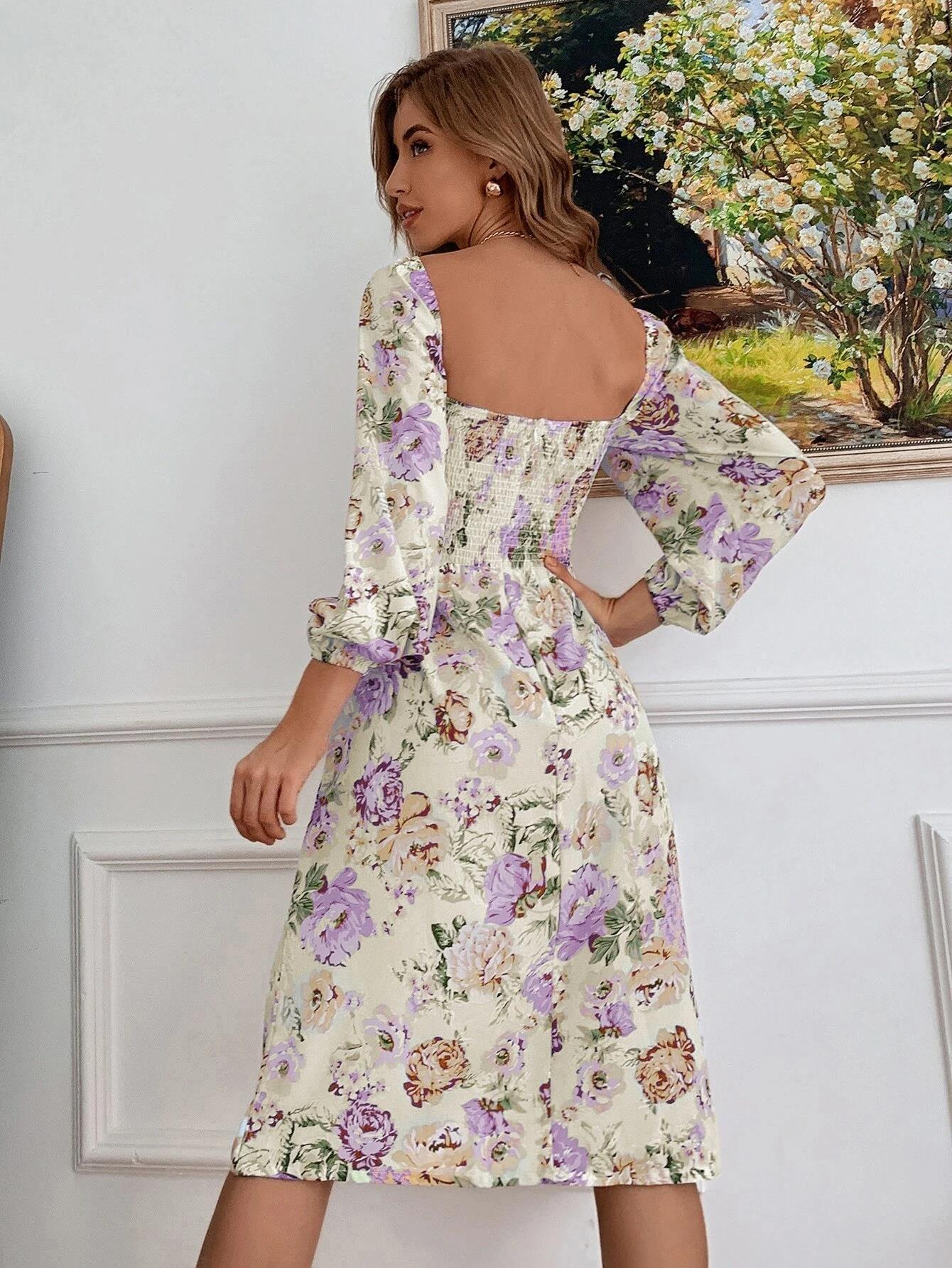 Women's Spring And Summer Square Neck Tie Floral Long Sleeve Dress