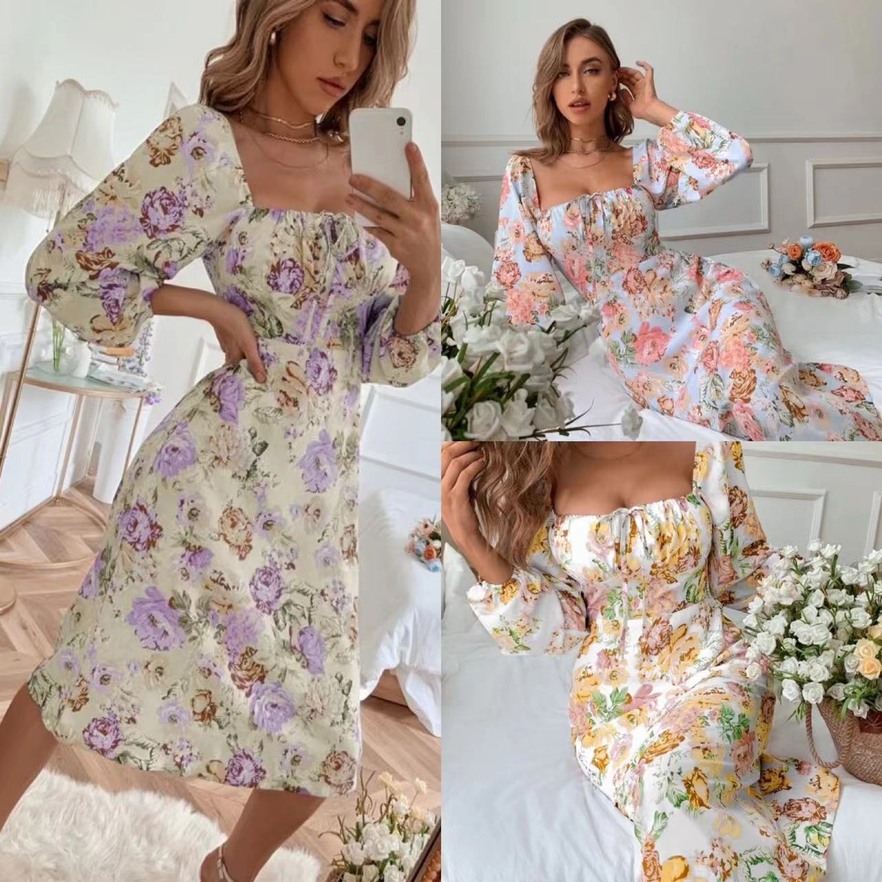 Women's Spring And Summer Square Neck Tie Floral Long Sleeve Dress