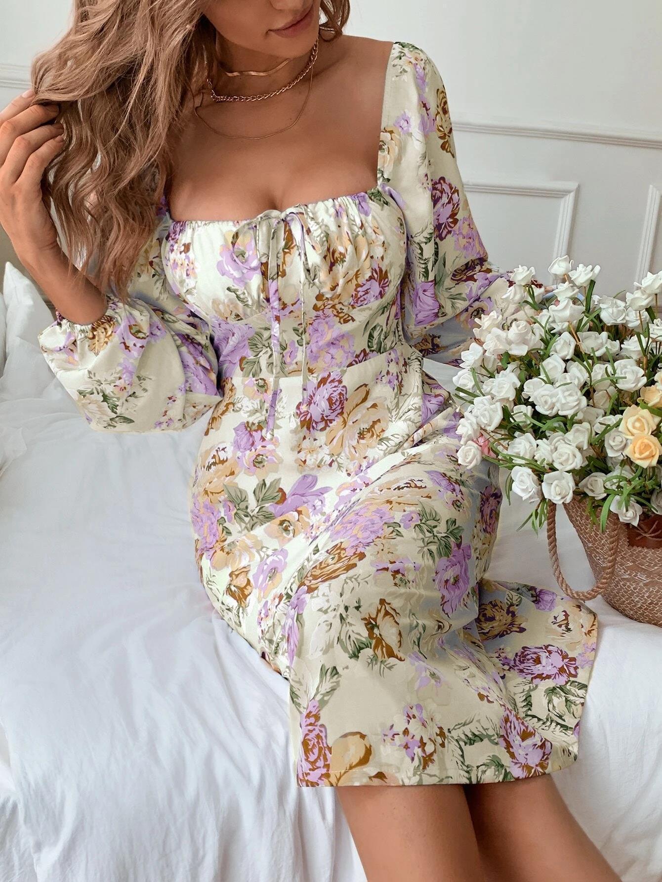 Women's Spring And Summer Square Neck Tie Floral Long Sleeve Dress