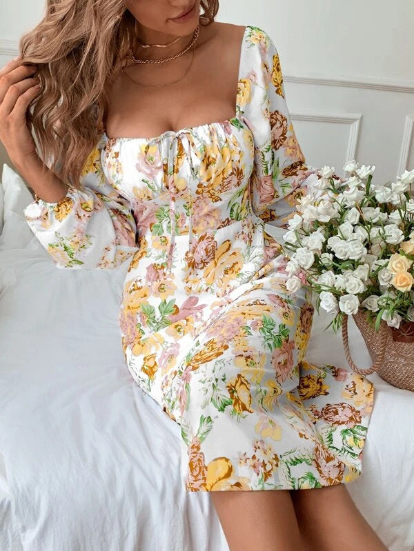 Women's Spring And Summer Square Neck Tie Floral Long Sleeve Dress