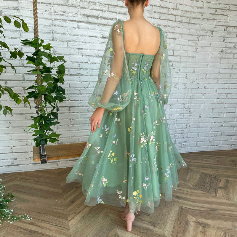 Long Sleeve Lace Green Puff Sleeve Prom Long Evening Dress