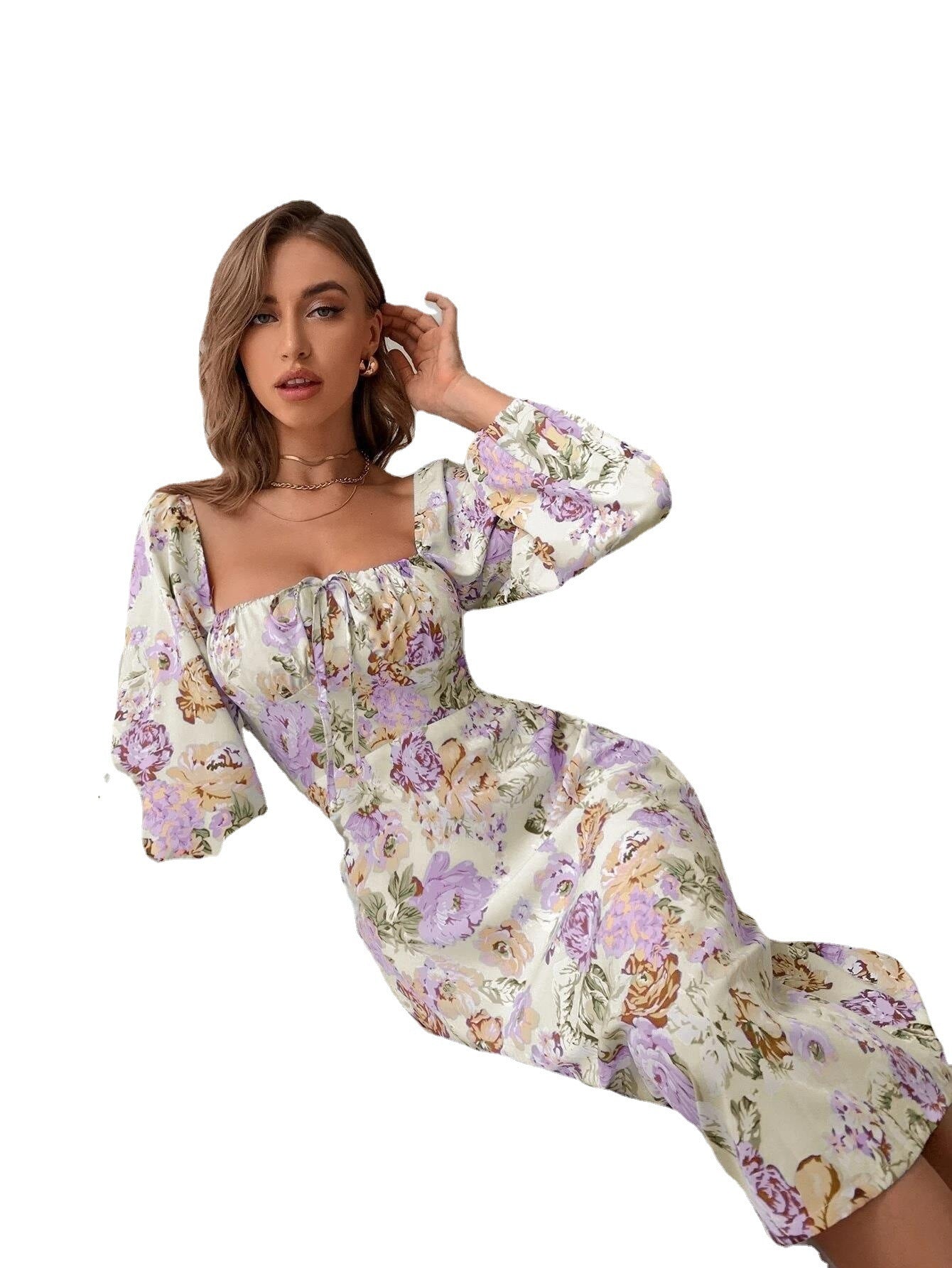 Women's Spring And Summer Square Neck Tie Floral Long Sleeve Dress